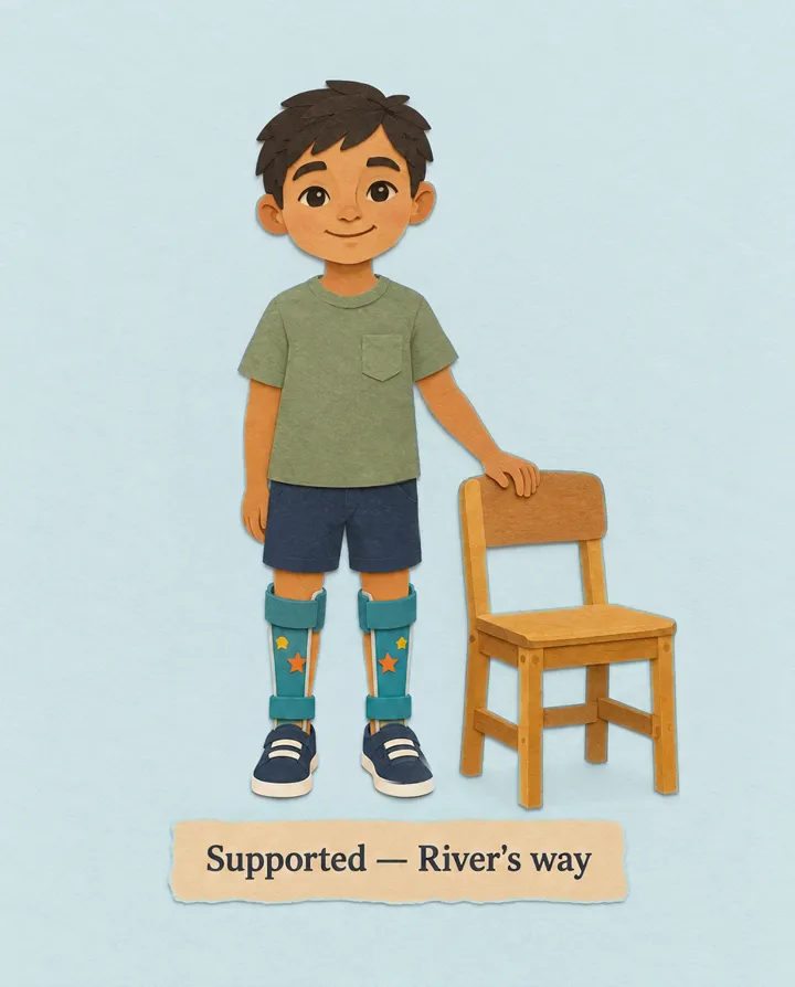 River doing mountain pose with one hand on a chair for support